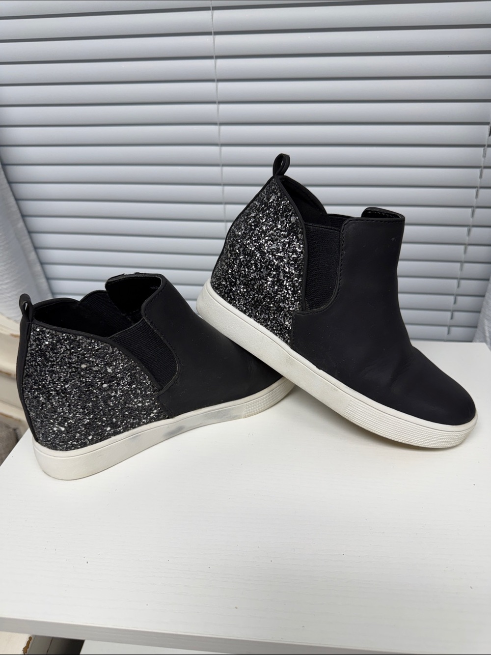 Black Glitter Wedge Slip-On Sneakers for Girls